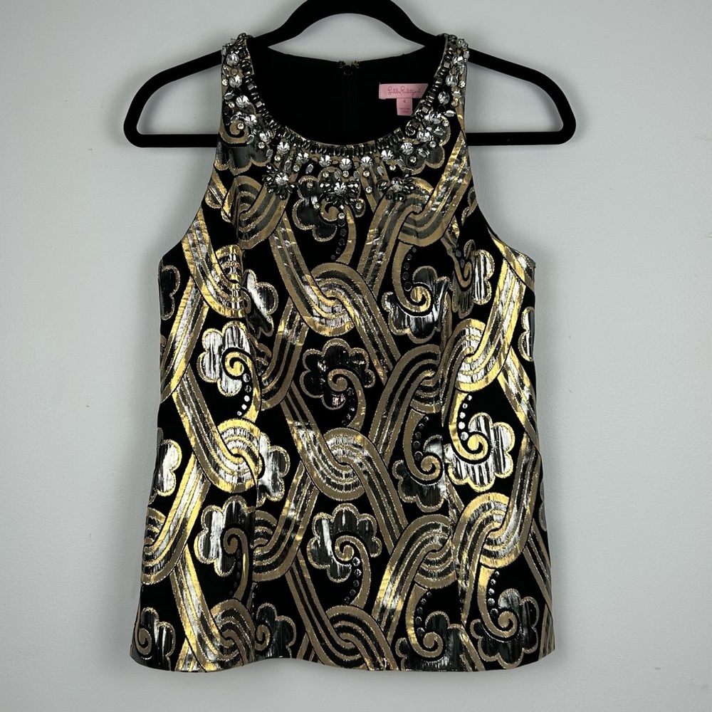 Lilly Pulitzer Sleeveless Tropic Top 4 Black Metallic Vintage Brocade Jeweled
